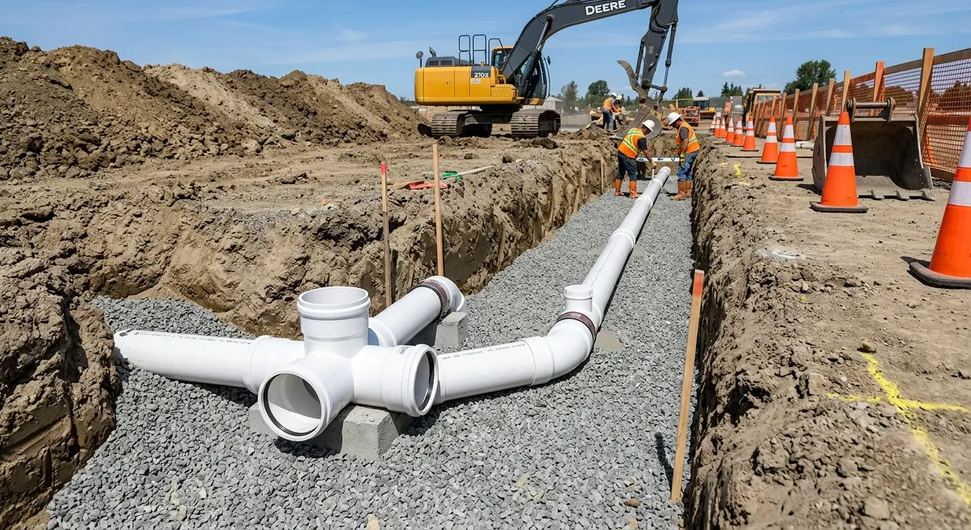 New PVC sewer pipe installation in open trench for Commercial Drain Cleaning in Rossford