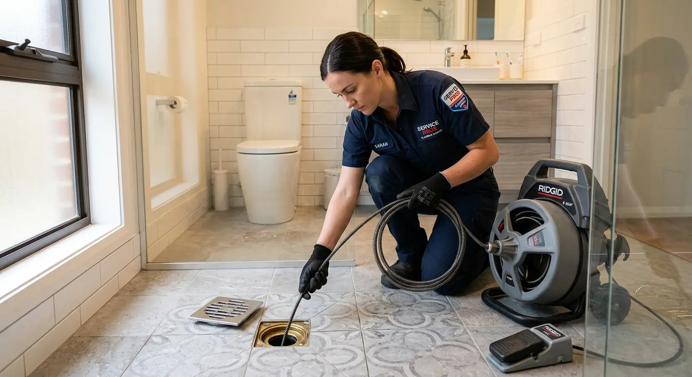 Technician clearing a bathroom floor drain for Drain Cleaning in Rossford